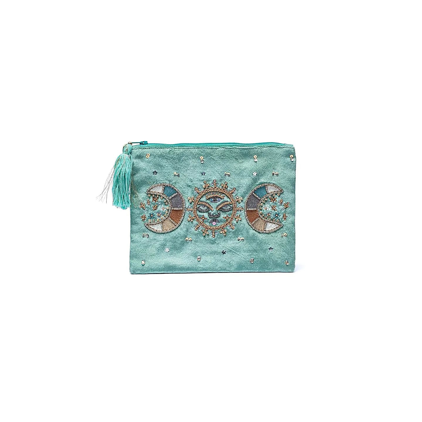 Pochette zippée en velours Menthe avec phases lunaires | Pieralune