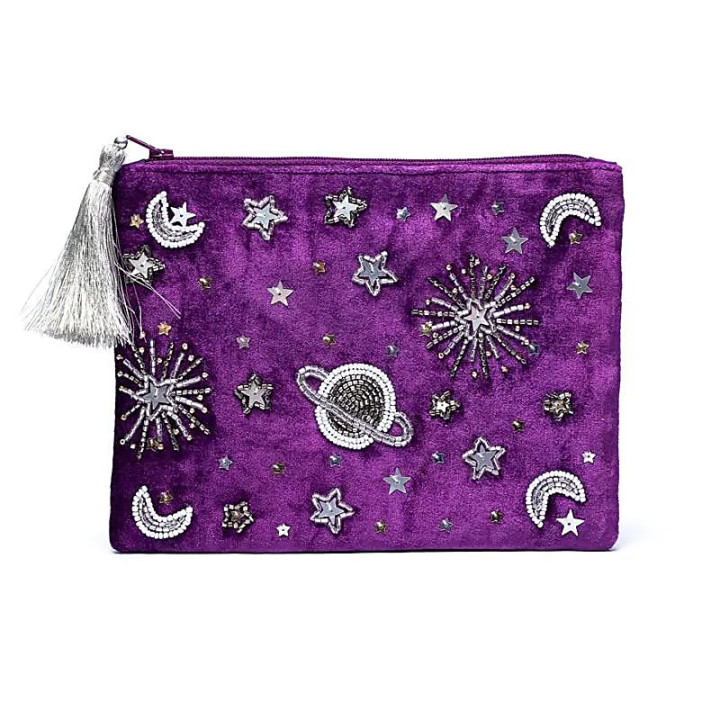 Pochette zippée en velours violet avec galaxie | Pieralune