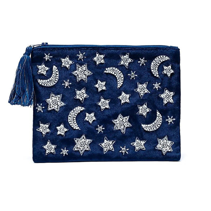 Pochette zippée en velours bleu foncé avec lune et étoiles | Pieralune