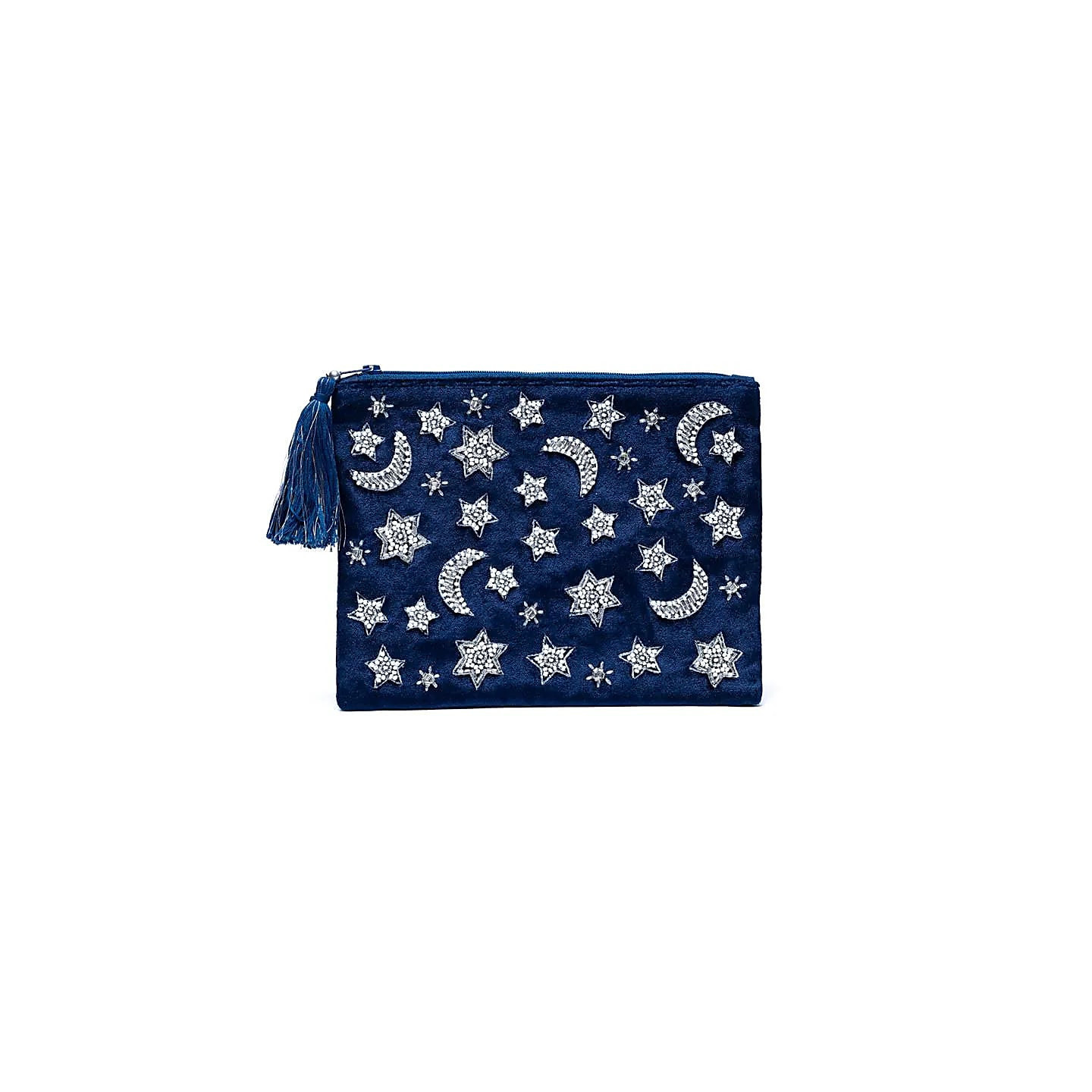 Pochette zippée en velours bleu foncé avec lune et étoiles | Pieralune