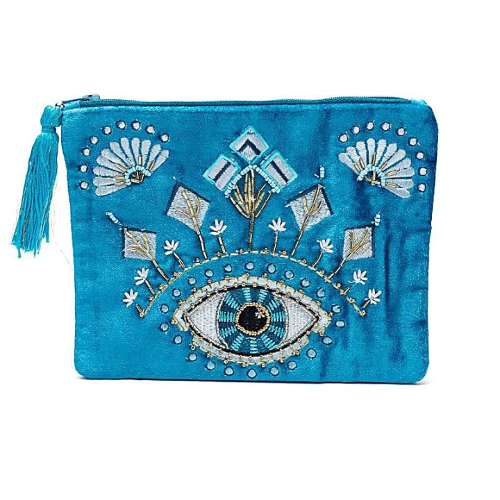 Pochette zippée en velours bleu avec Œil de la Providence | Pieralune