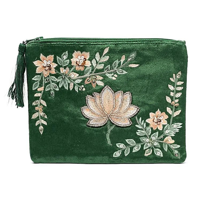Pochette zippée en velours vert avec lotus | Pieralune