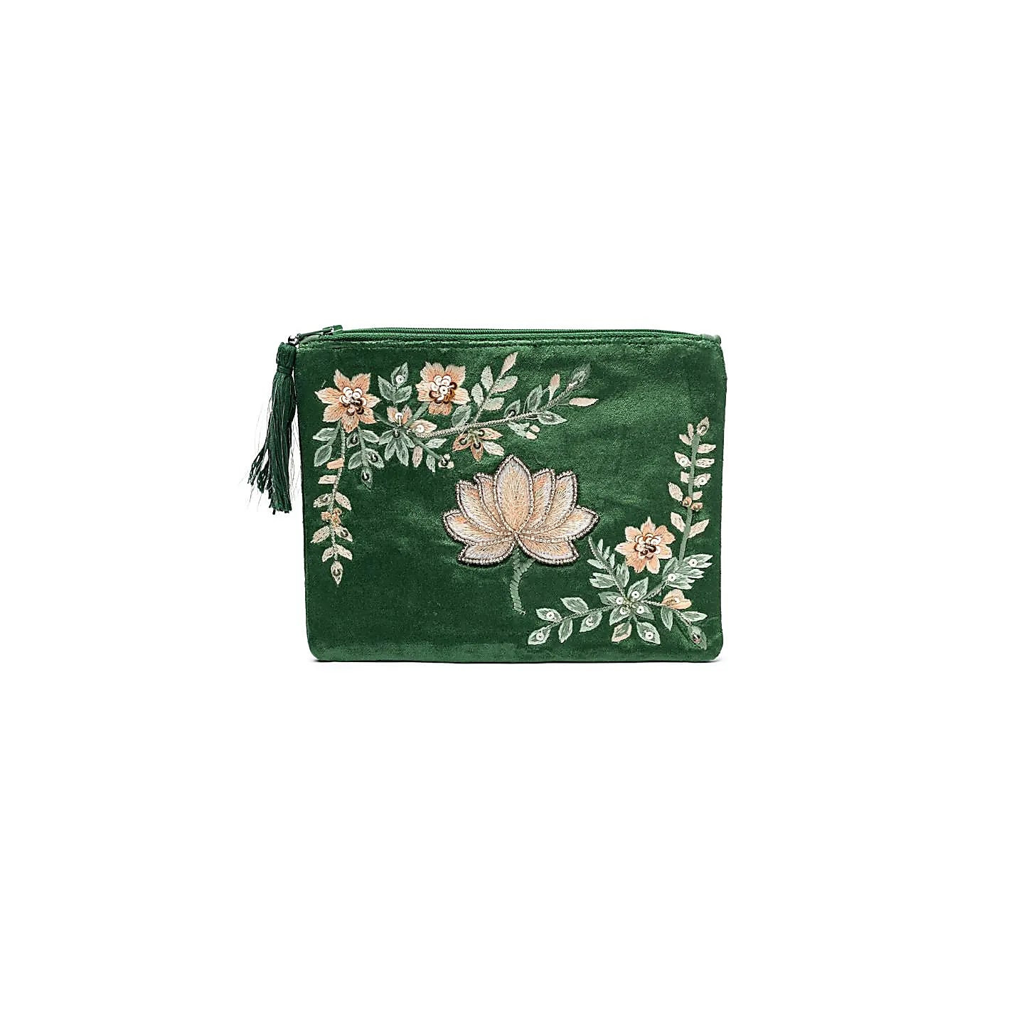 Pochette zippée en velours vert avec lotus | Pieralune