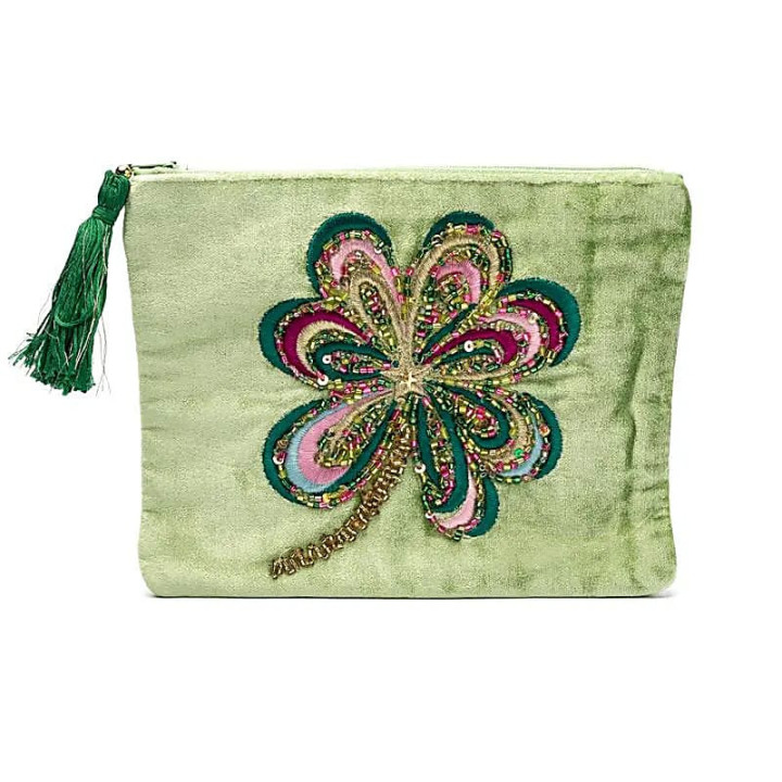 Pochette zippée en velours vert avec trèfle à quatre fe... | Pieralune