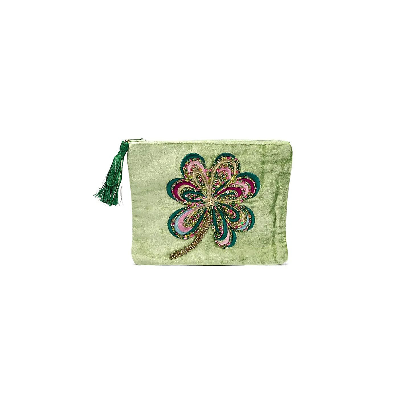 Pochette zippée en velours vert avec trèfle à quatre fe... | Pieralune