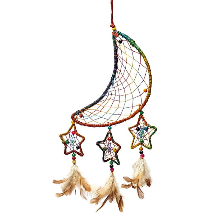 Attrape-rêves chanvre lune et étoiles multicolore | Pieralune