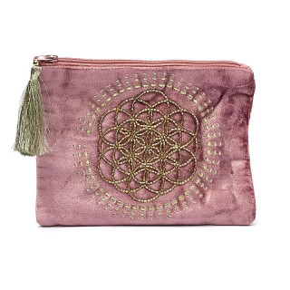 Pochette zippée en velours vieux rose avec Fleur de Vie | Pieralune
