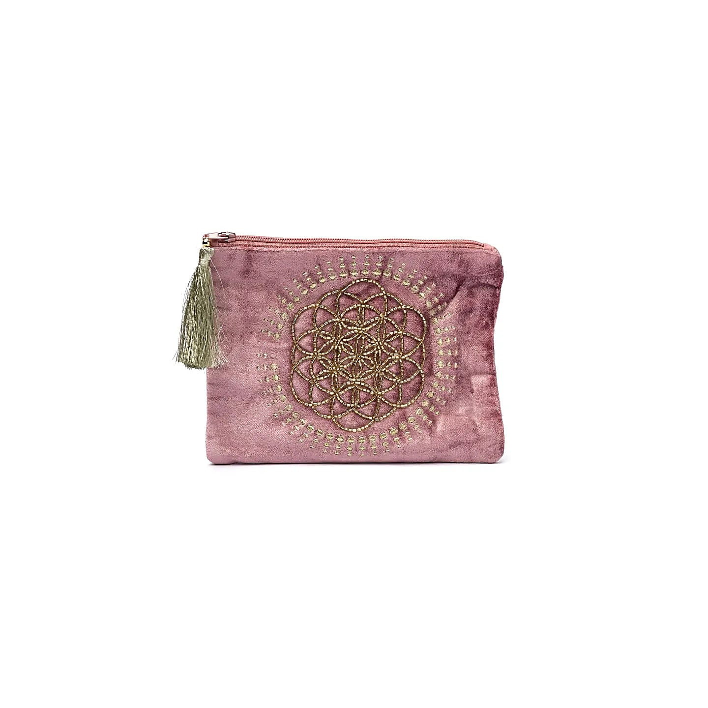 Pochette zippée en velours vieux rose avec Fleur de Vie | Pieralune