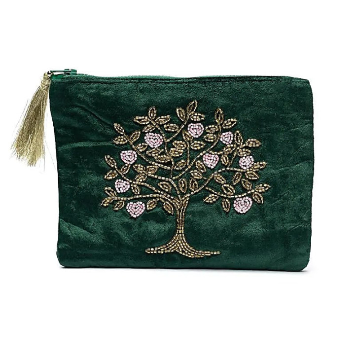 Pochette zippée en velours vert avec Arbre de Vie et cœurs | Pieralune