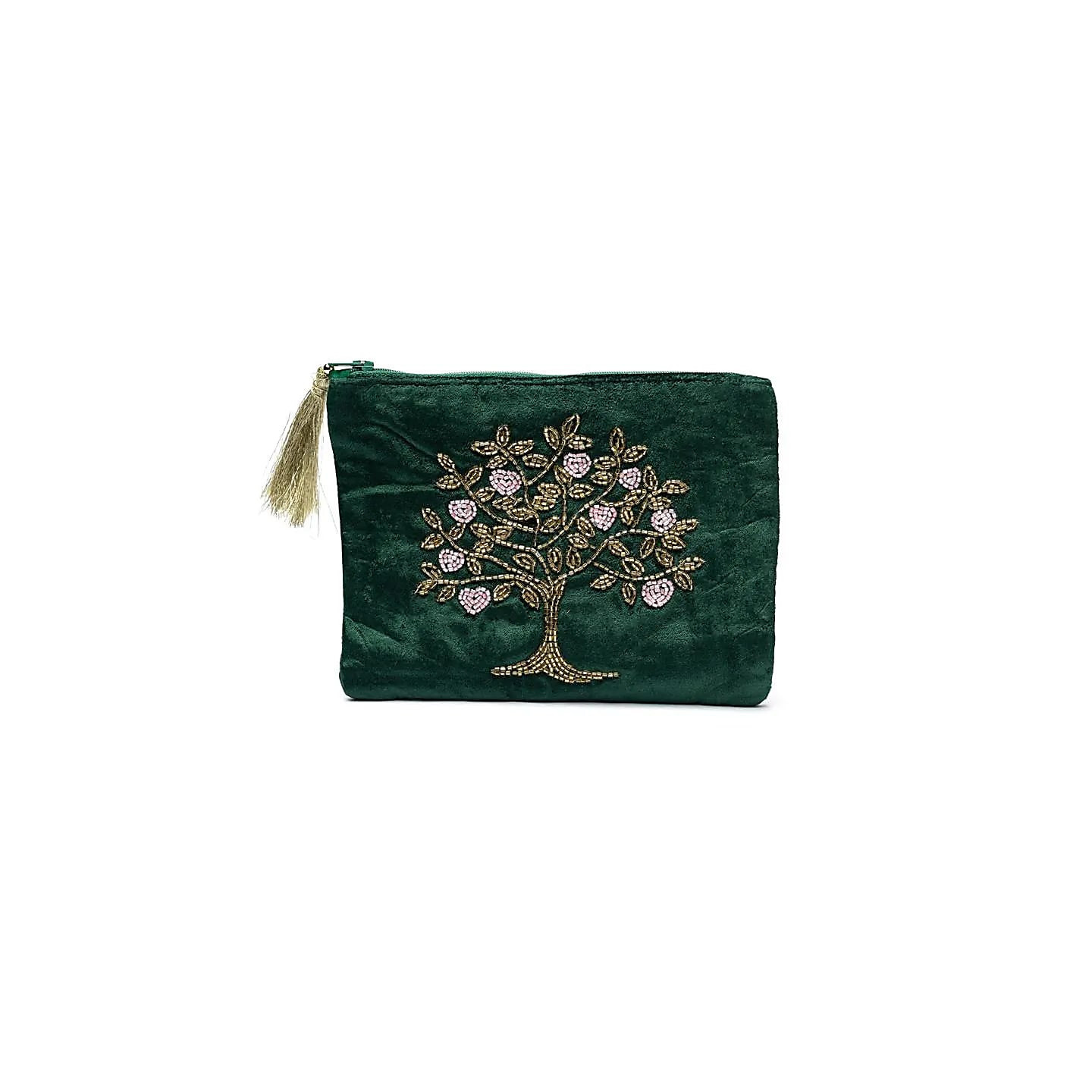 Pochette zippée en velours vert avec Arbre de Vie et cœurs | Pieralune