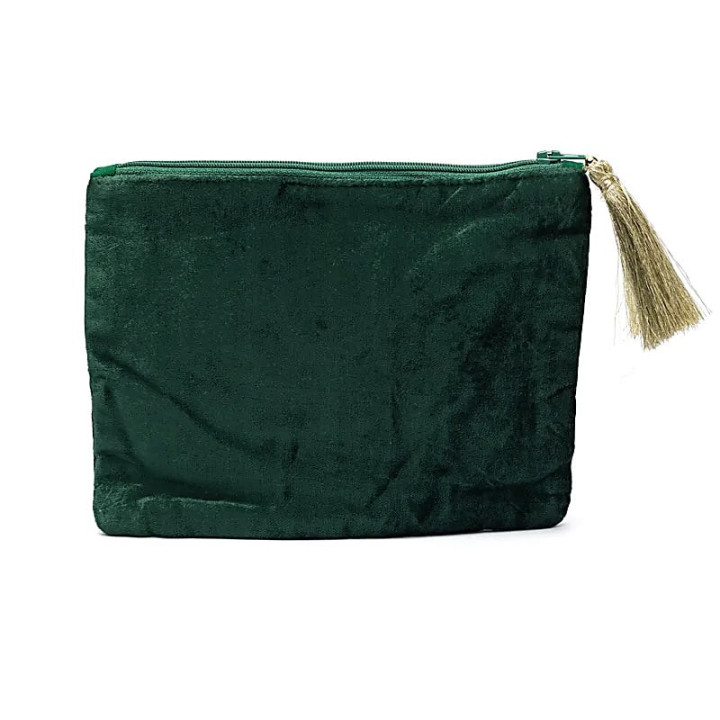 Pochette zippée en velours vert avec Arbre de Vie et cœurs | Pieralune