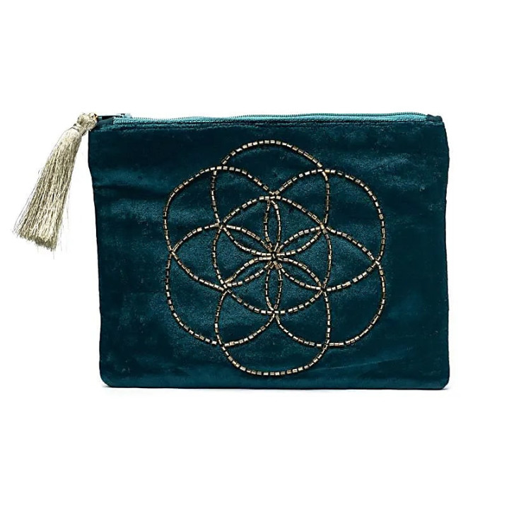Pochette zippée en velours pétrole avec Graine de Vie | Pieralune