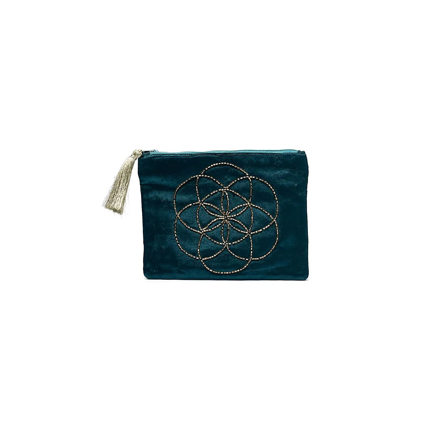 Pochette zippée en velours pétrole avec Graine de Vie | Pieralune