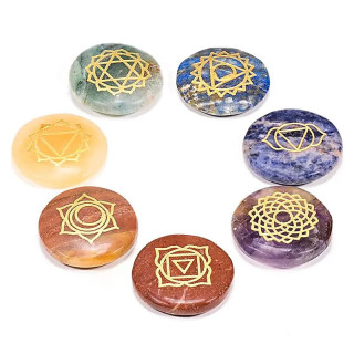 SET 7 Pierres dures rondes plates symboles chakra | Pieralune