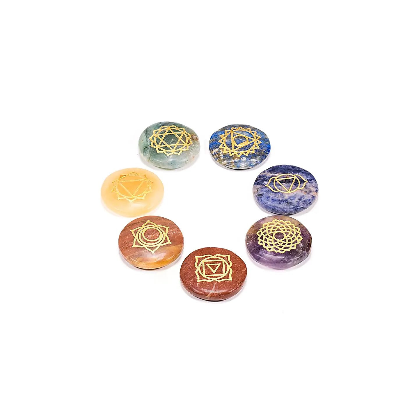 SET 7 Pierres dures rondes plates symboles chakra | Pieralune