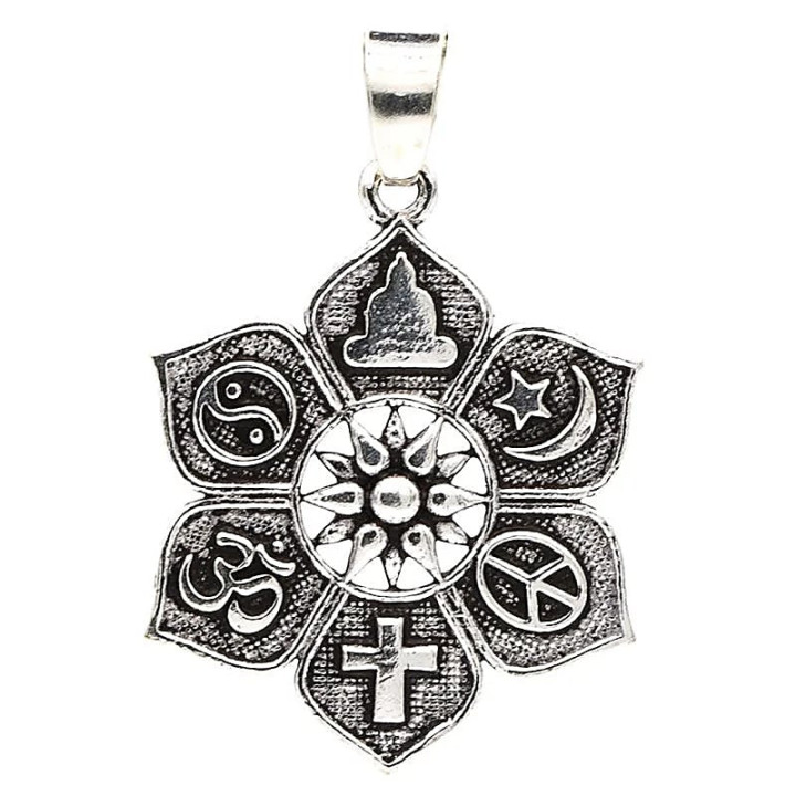 Pendentif lotus avec symboles religieux | Pieralune