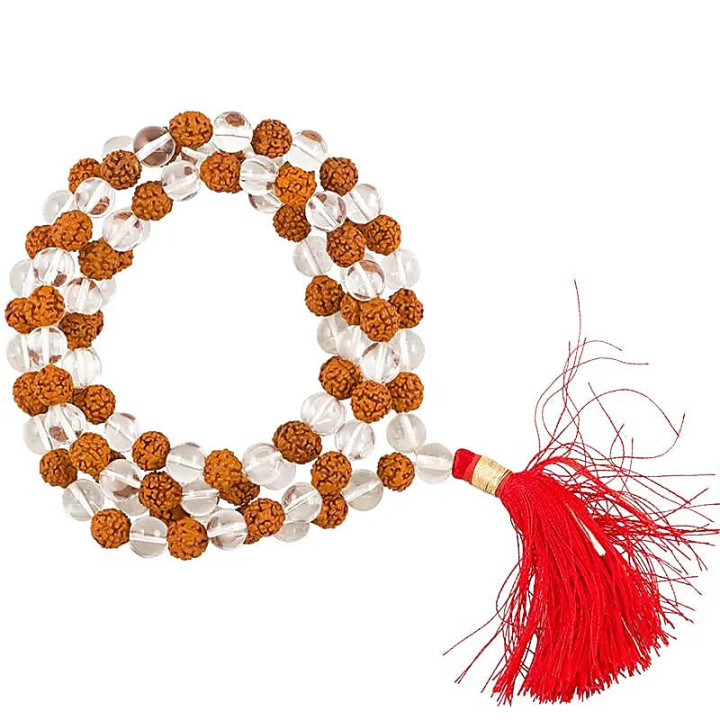 Mala Cristal de roche AA/Rudraksha 108 perles+sac | Pieralune