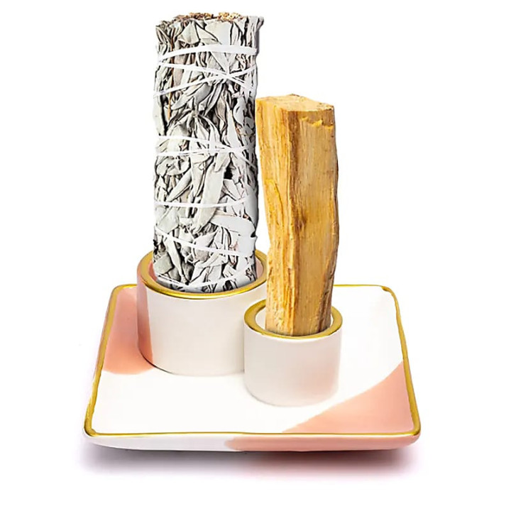 Brûleur en céramique smudge et Palo Santo fleur rose/bl... | Pieralune