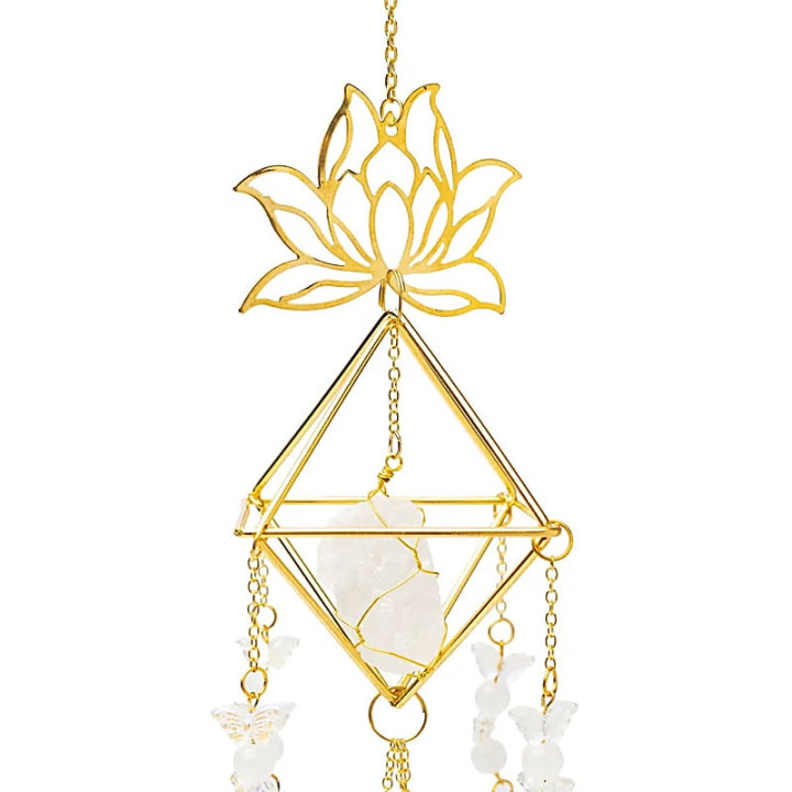 Attrape-soleil lotus et papillons avec cristal de roche | Pieralune