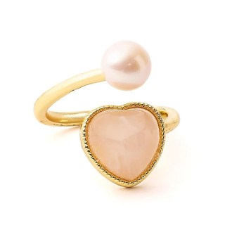 Bague ajustable avec perle et cœur en quartz rose | Pieralune