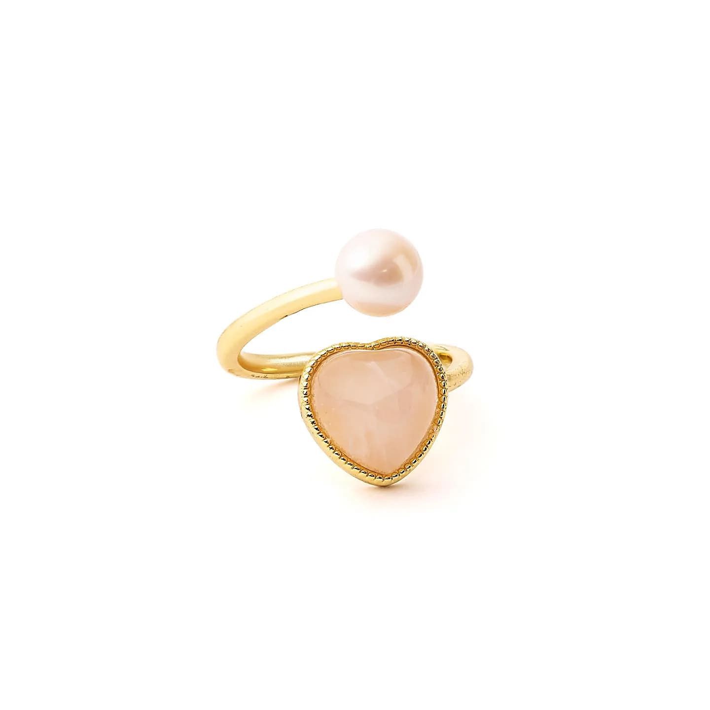 Bague ajustable avec perle et cœur en quartz rose | Pieralune
