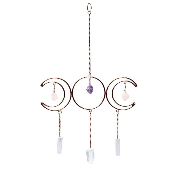 Pendentif fenêtre triple lune, triangle d'or et sélénite | Pieralune