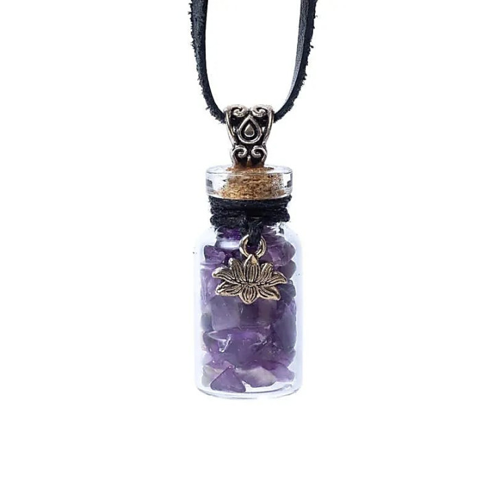 Fiole cadeau en verre sur corde améthyste et lotus | Pieralune