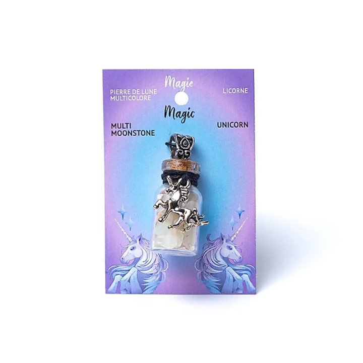 Fiole cadeau en verre sur corde pierre de lune multicol... | Pieralune