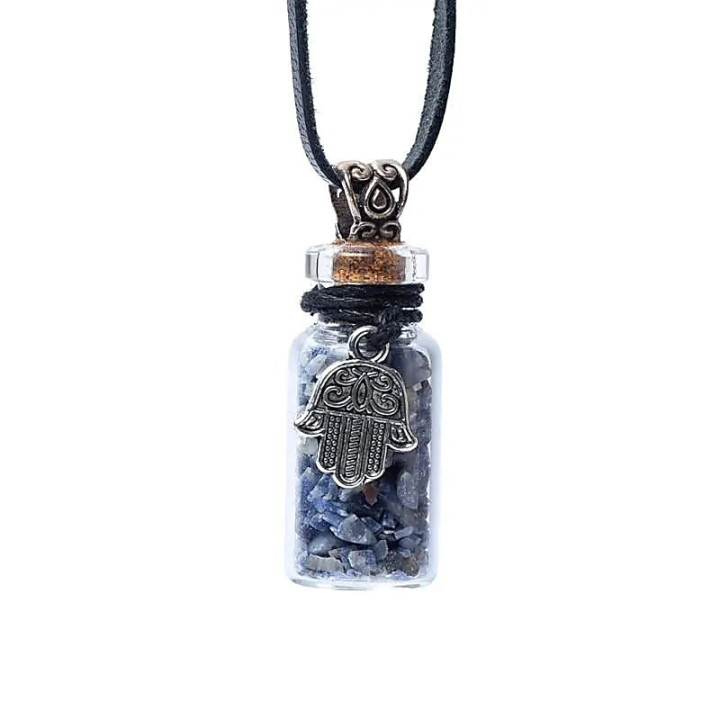 Fiole cadeau en verre sur corde lapis lazuli et khamsa | Pieralune