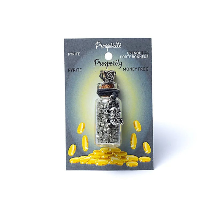 Fiole cadeau en verre sur corde pyrite et grenouille fe... | Pieralune