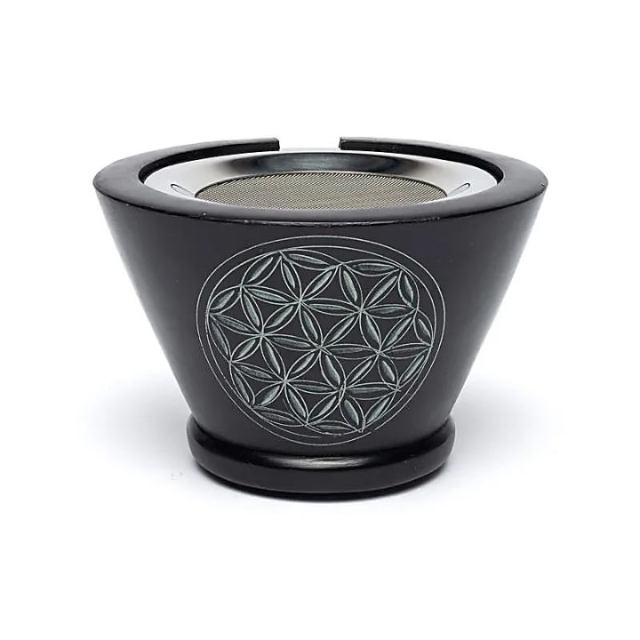 Brûleur d’encens en stéatite noir Fleur de Vie avec tamis | Pieralune