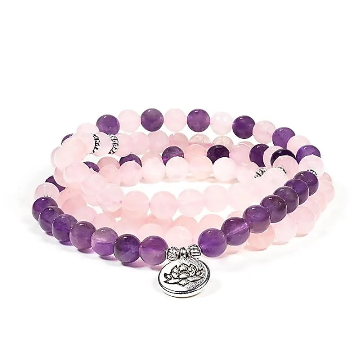 Mala quartz rose / améthyste élastique lotus | Pieralune