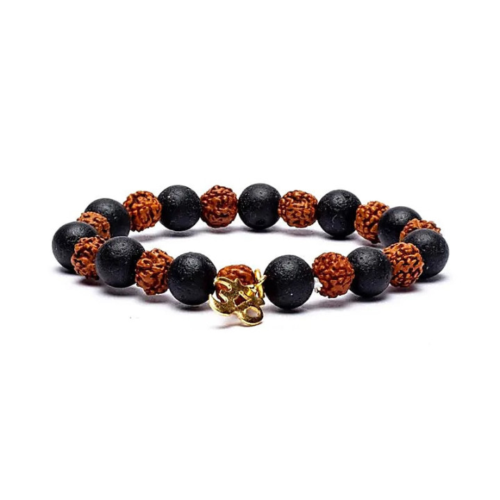 Bracelet Rudraksha/Pierre de lave avec Om - élastiqué | Pieralune