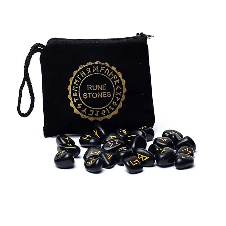 SET Rune Oracle en agate noire dans une pochette en vel... | Pieralune