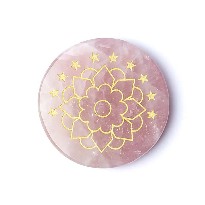 Disque minéral gravé quartz rose lotus | Pieralune