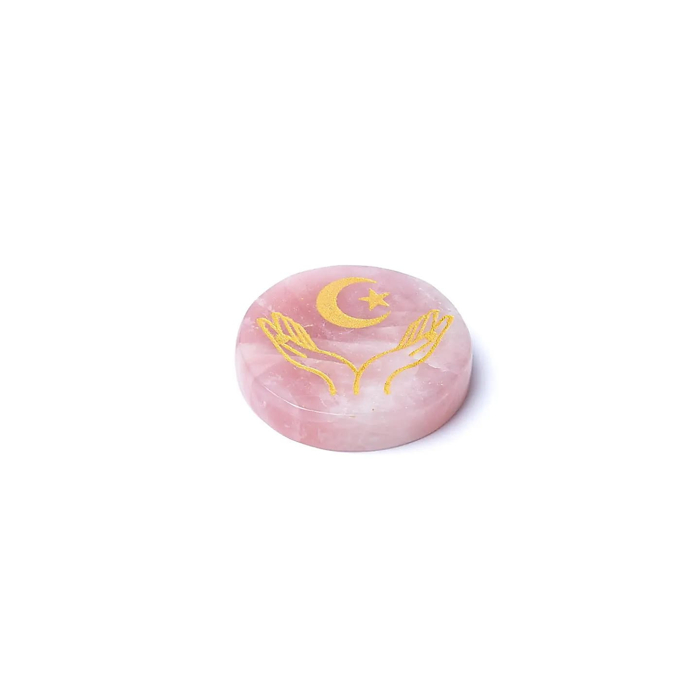 Disque minéral gravé  quartz rose mains, lune et étoile | Pieralune