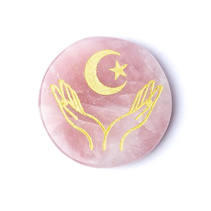 Disque minéral gravé  quartz rose mains, lune et étoile | Pieralune