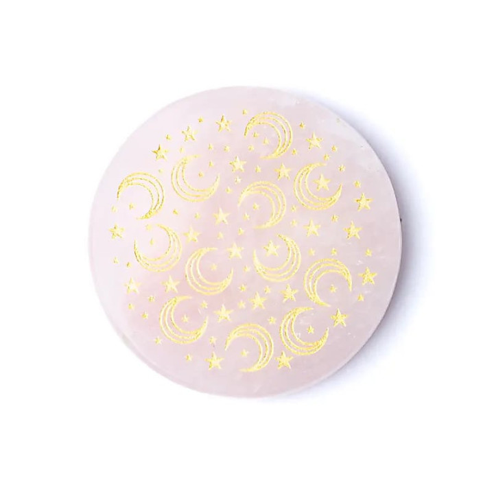 Disque minéral gravé quartz rose lunes et étoiles | Pieralune