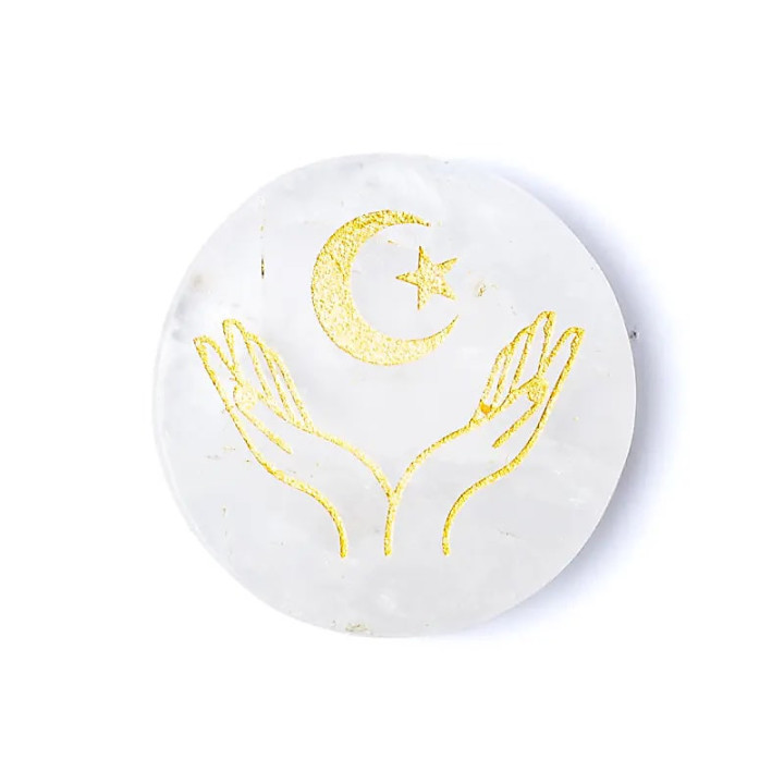 Disque minéral gravé cristal de roche mains, lune et ét... | Pieralune