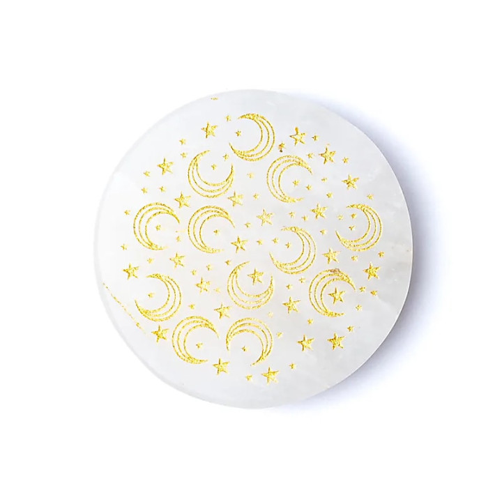 Disque minéral gravé en cristal de roche lunes et étoiles | Pieralune