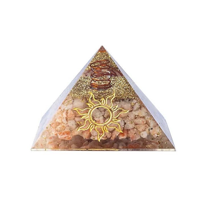 Pyramide d'orgonite pierre du soleil et symbole solaire | Pieralune