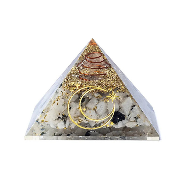 Pyramide d'orgonite en pierre de lune et symbole lunaire | Pieralune