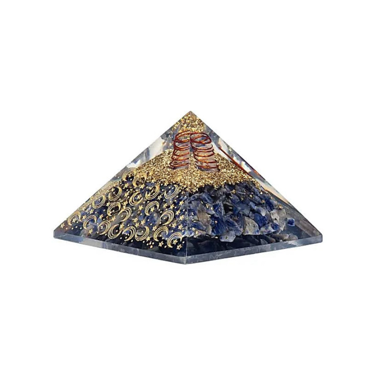 Pyramide d'orgonite sodalite avec lune et étoiles | Pieralune