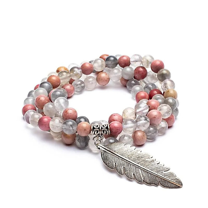 Mala Rhodonite/ Quartz gris + plume | Pieralune