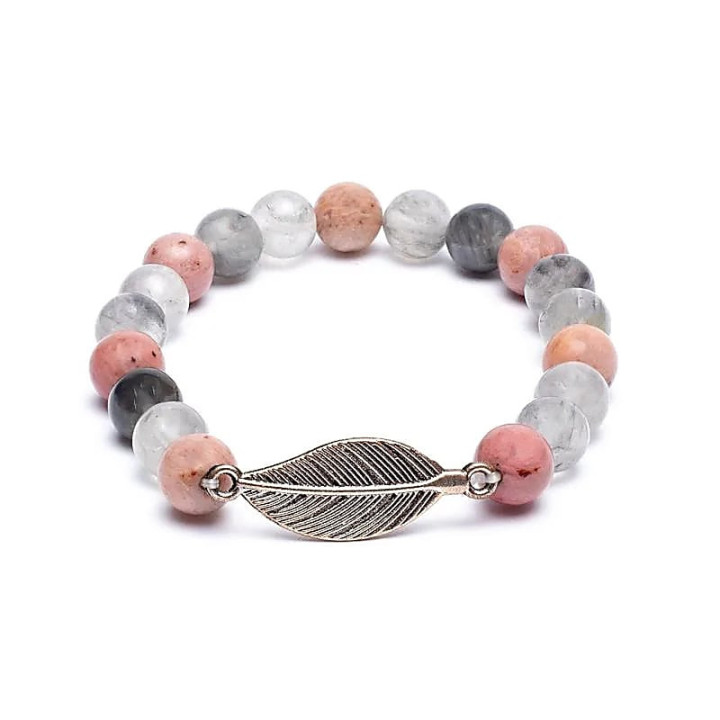 Mala/bracelet Rhodonite/ Quartz gris + plume | Pieralune