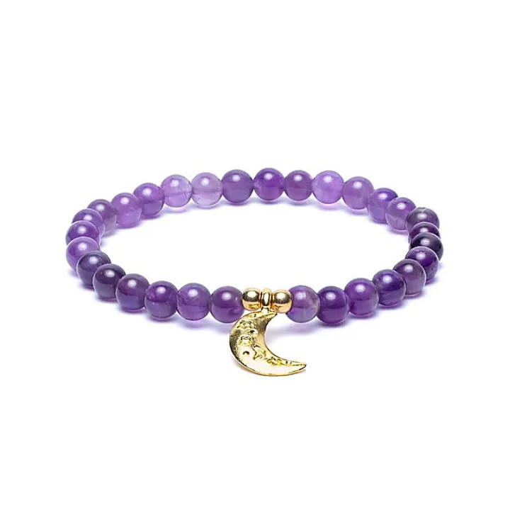 Bracelet élastique breloque lune améthyste perles 6mm | Pieralune