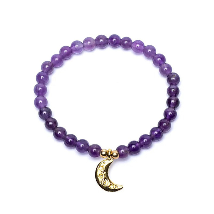 Bracelet élastique breloque lune améthyste perles 6mm | Pieralune