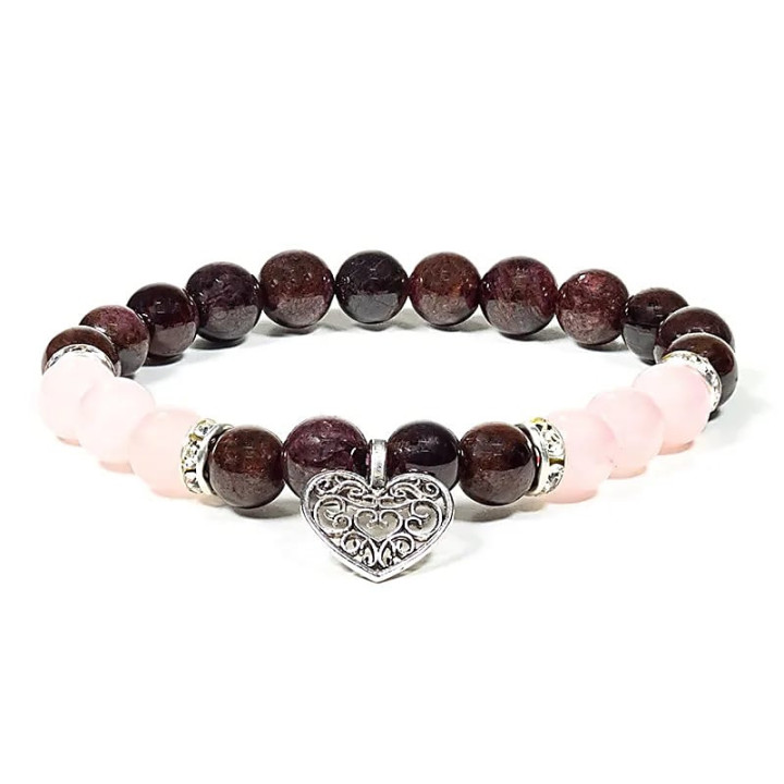 Bracelet Grenat / Quartz rose avec coeur | Pieralune