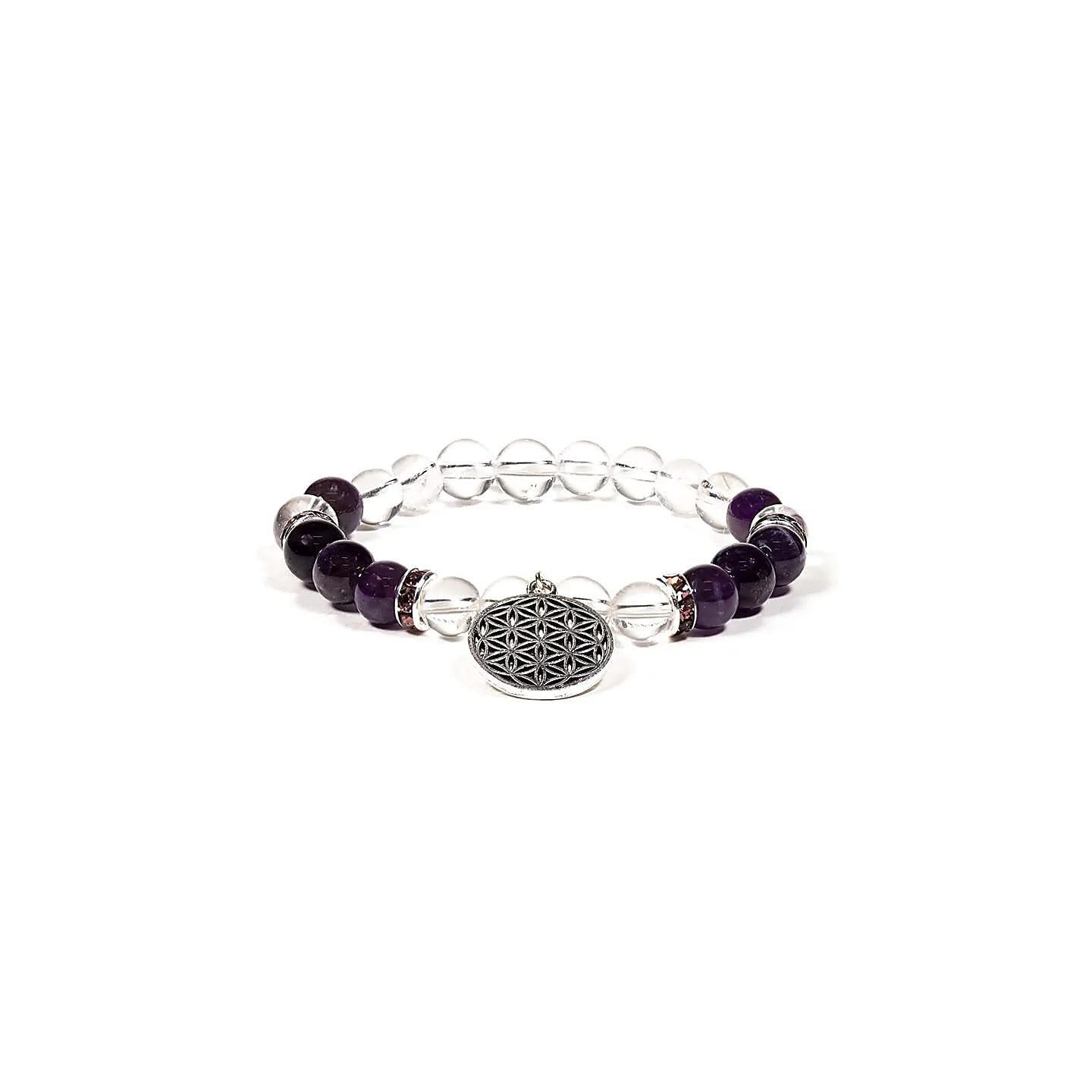 Bracelet Cristal de roche / Améthyste + fleur de vie | Pieralune